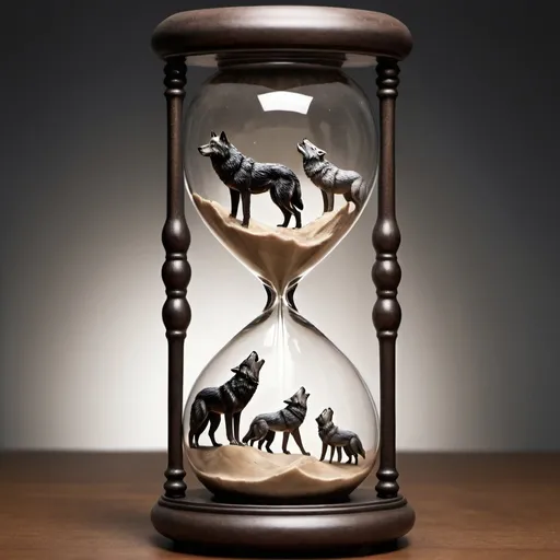 Prompt: Hourglass with wolves on it