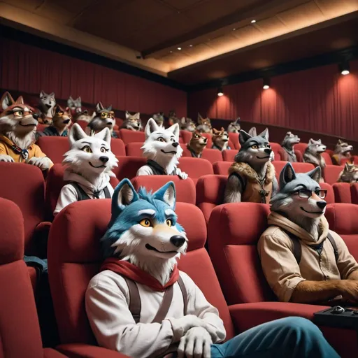 Prompt: A bunch of anthro furry wolf nerds watching anime in a movie theater, screen in view