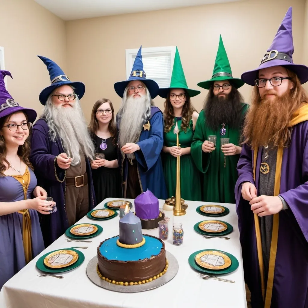 Prompt: Wizard themed Birthday party for adults nerds standing around 