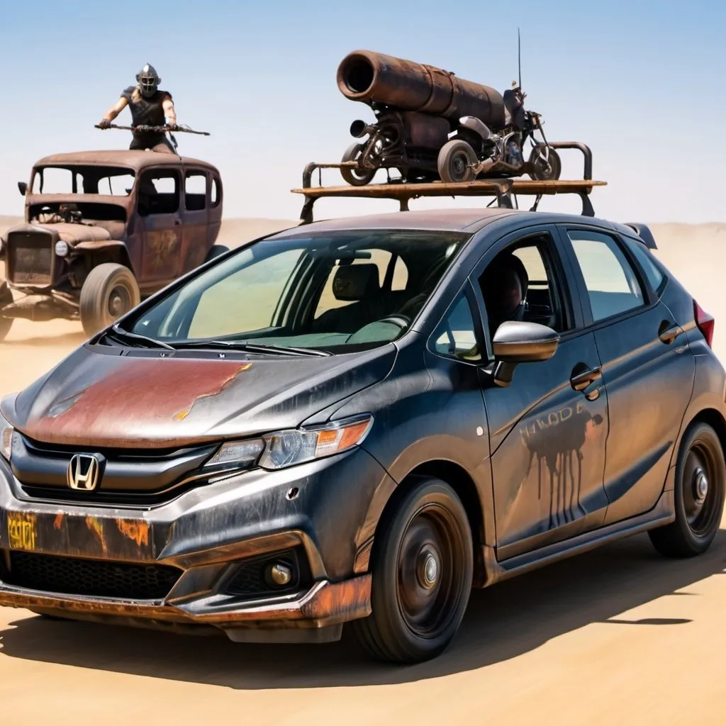 Prompt: 2019 Honda fit in mad max, rat rod 