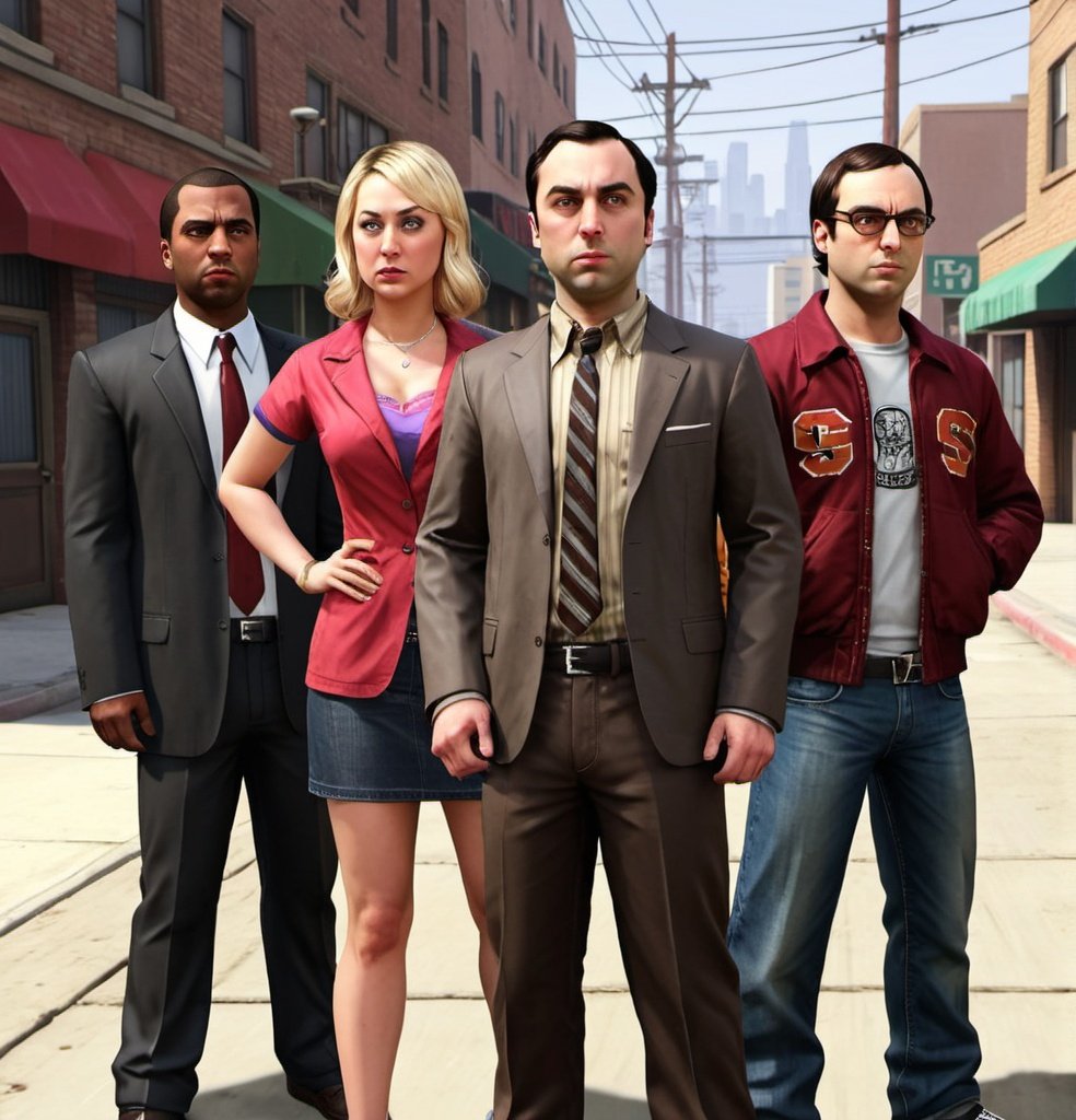 Prompt: Cast of the big bang theory in grand theft auto as gangsters