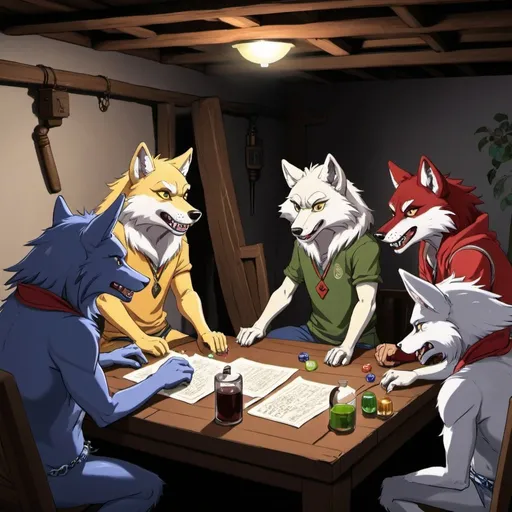 Prompt: Anthro furry wolves anime basement playing DND one of them farting, anime