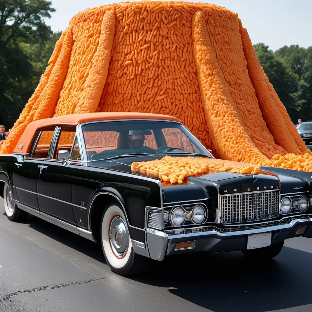 Prompt: Trump riding in JFKs Lincoln Continental with Cheetos everywhere 