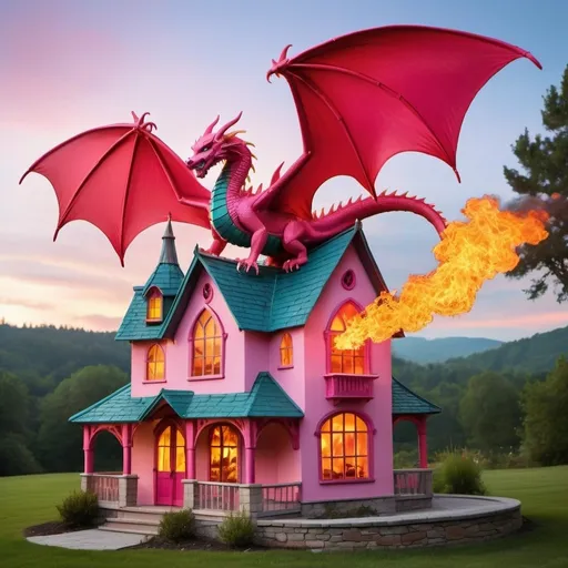 Prompt: Dragon on top of Barbie dream house breathing fire, medieval setting 