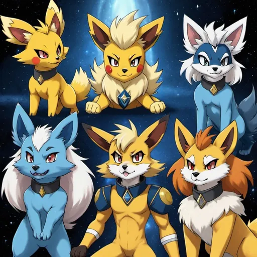Prompt: Anthro furry pokemon as star trek crew. Jolteon, glaceon, Arcanine, mightyena, lycanroc 
