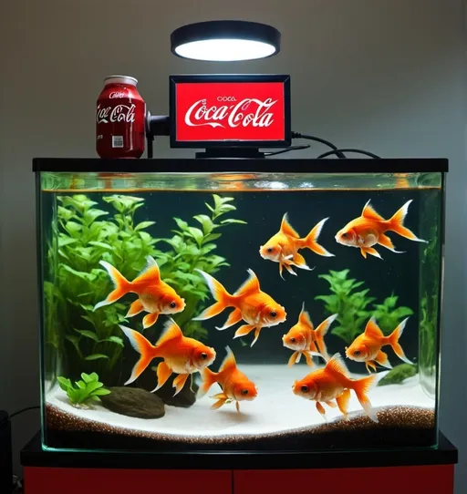 Prompt: Goldfish tank filled with Coca-Cola 