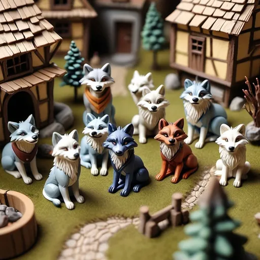 Prompt: A miniature village of anthro furry wolves