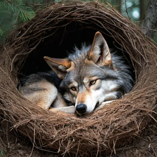 Prompt: A winged wolf curled up in a nest