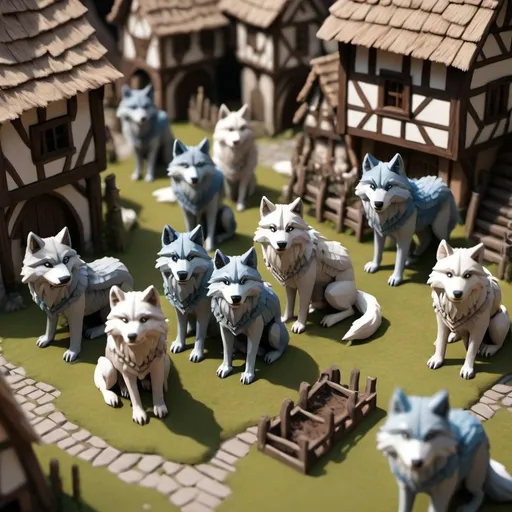 Prompt: miniature isometric world render, a medieval village full of wolves, anime wolves in outlandish colors