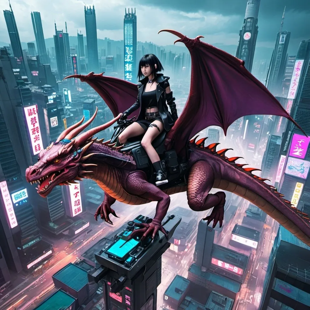 Prompt: Weeaboo riding dragon over cyberpunk city 