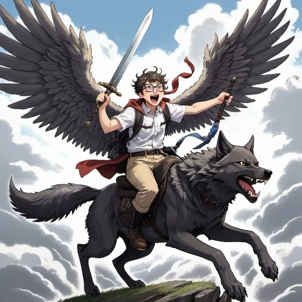 Prompt: Nerd riding a winged wolf while holding a sword and screaming from joy, anime