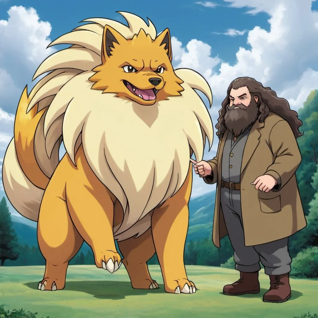 Prompt: Hagrid raising a Ninetales (pokemon)