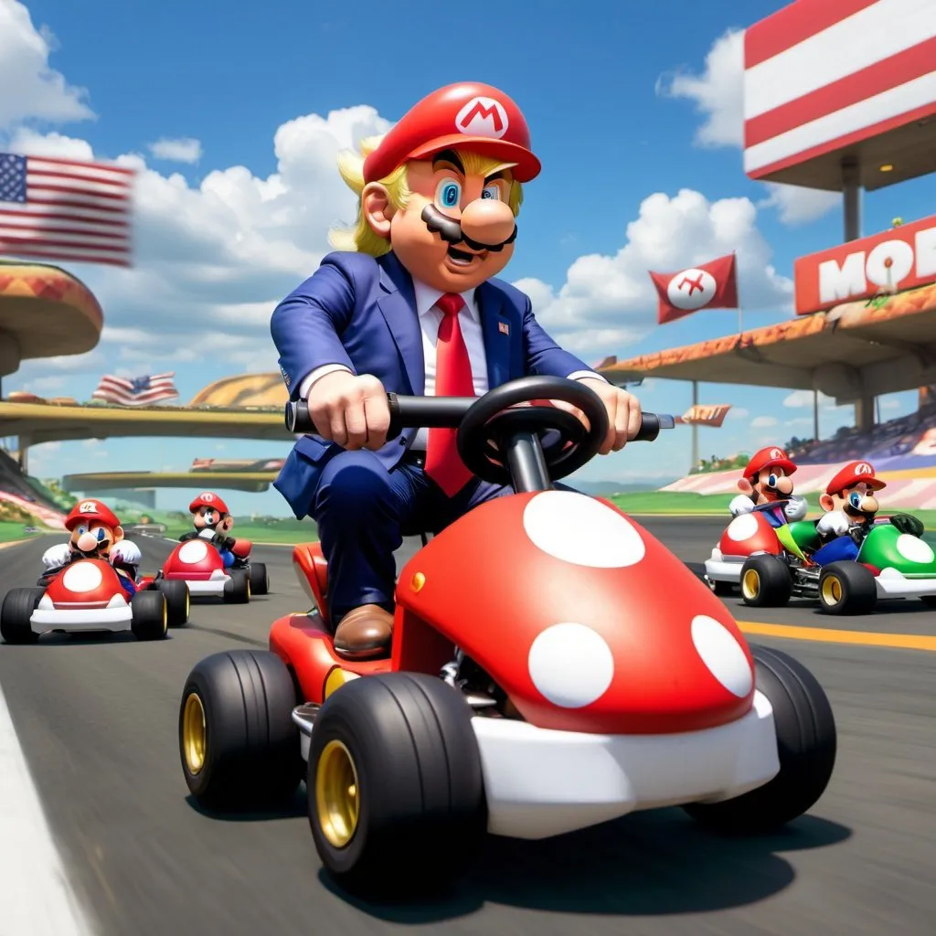 Prompt: Trump in Mario kart