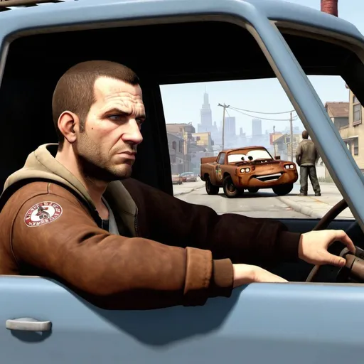 Prompt: Niko bellic drive tow mater, Niko bellic looking out window