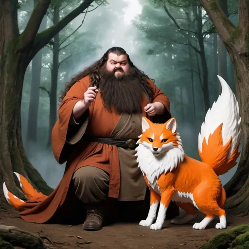 Prompt: Hagrid raising a 9 tailed Kitsune 