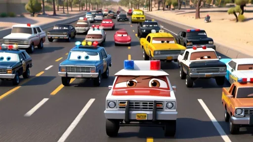 Prompt: Oj Simpson bronco police chase as Pixar cars