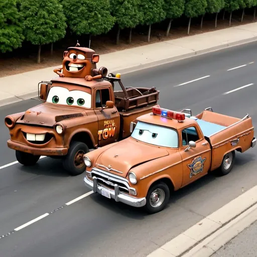 Prompt: Tow mater, police chase, oj Simpson