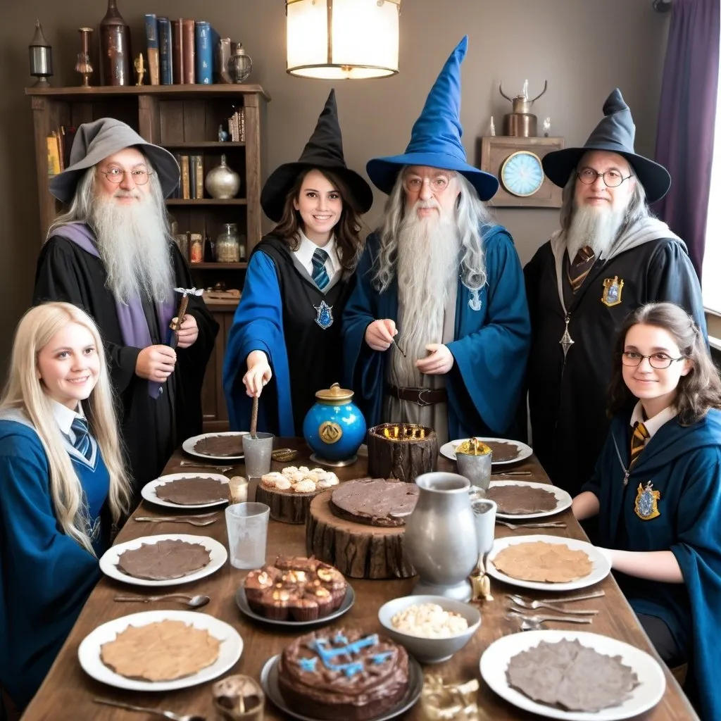 Prompt: Wizard themed Birthday party for adults nerds standing around, Harry Potter stuff, ravenclaw, gandalf, sorcerer's apprentice, Merlin 