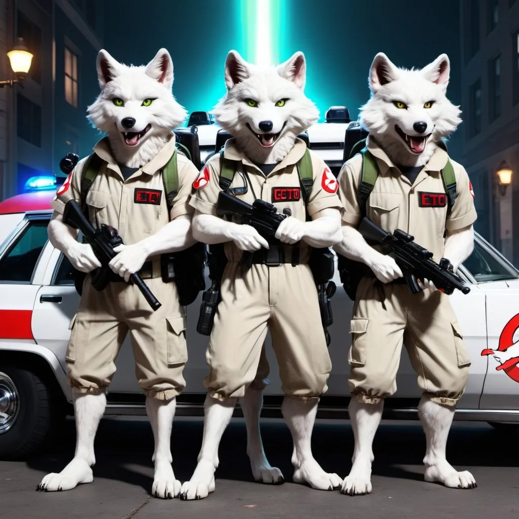 Prompt: Anthro Furry wolves as the Ghostbusters standing in front of ecto 1 in anime style