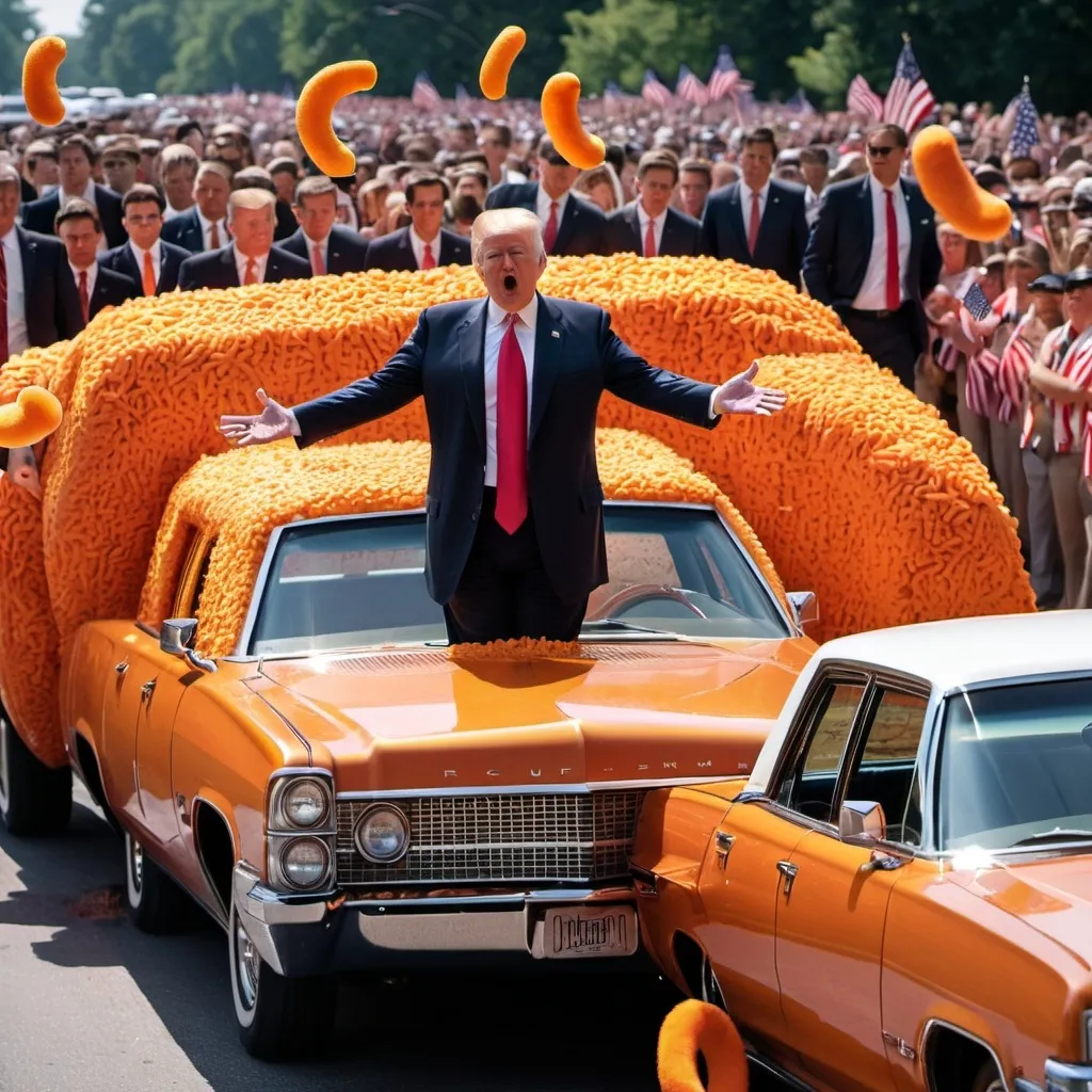 Prompt: Trump rising in JFKs car with Cheetos everywhere 