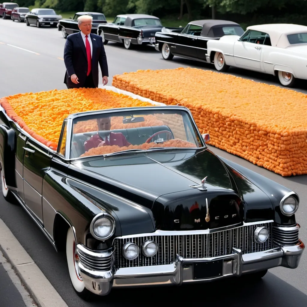 Prompt: Trump riding in JFKs 1953 Lincoln Continental convertible with Cheetos everywhere 