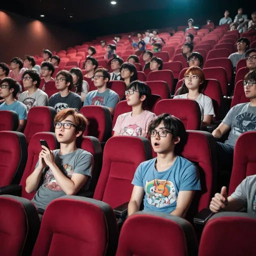 Prompt: A bunch of nerds watching anime in a movie theater 