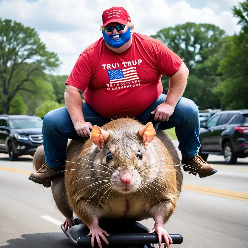 A fat redneck Trump supporter riding on a giant rat