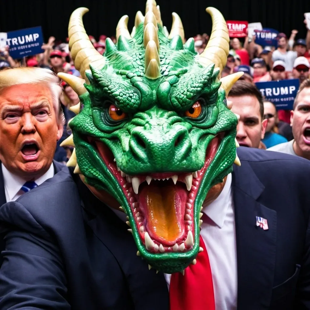 Prompt: An angry dragon at a Trump rally 