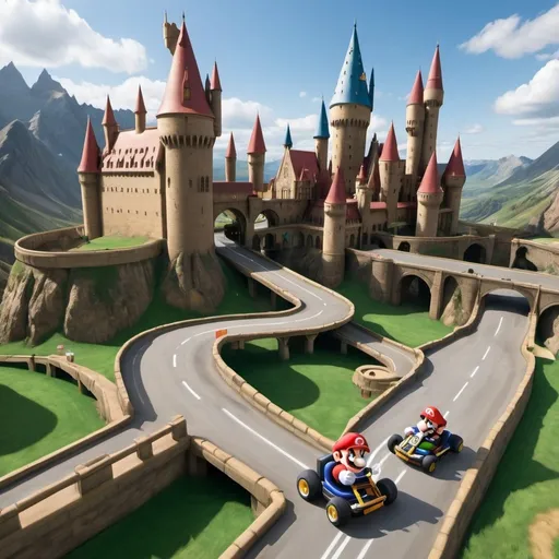 Prompt: A Hogwarts Mario kart course 