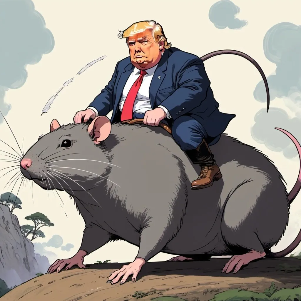 Prompt: A fat redneck Trump supporter riding on a giant rat, Ghibli style, 2d