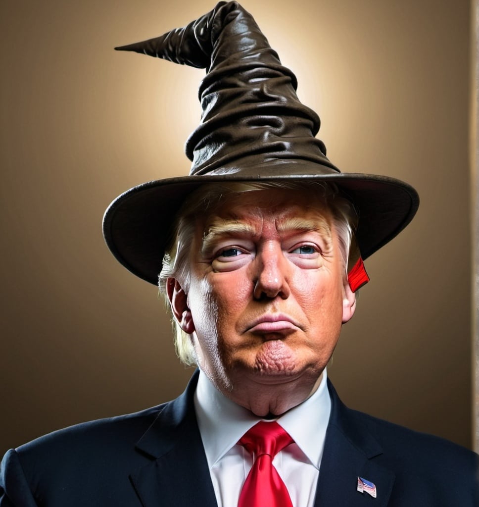 Prompt: Trump with sorting hat on head 