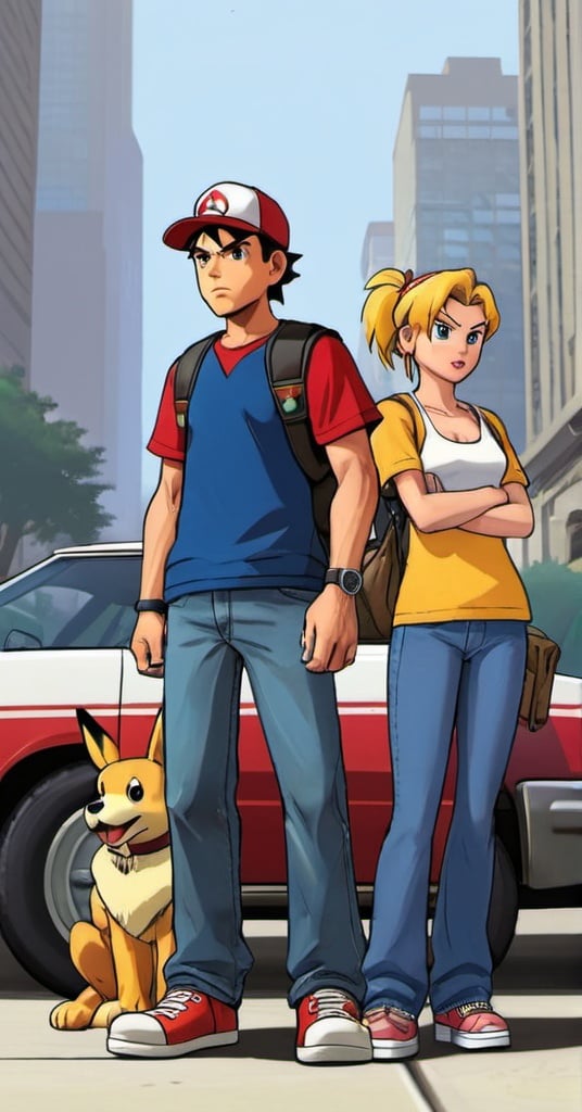 Prompt: Ash ketchum Brock and Misty in grand theft auto 