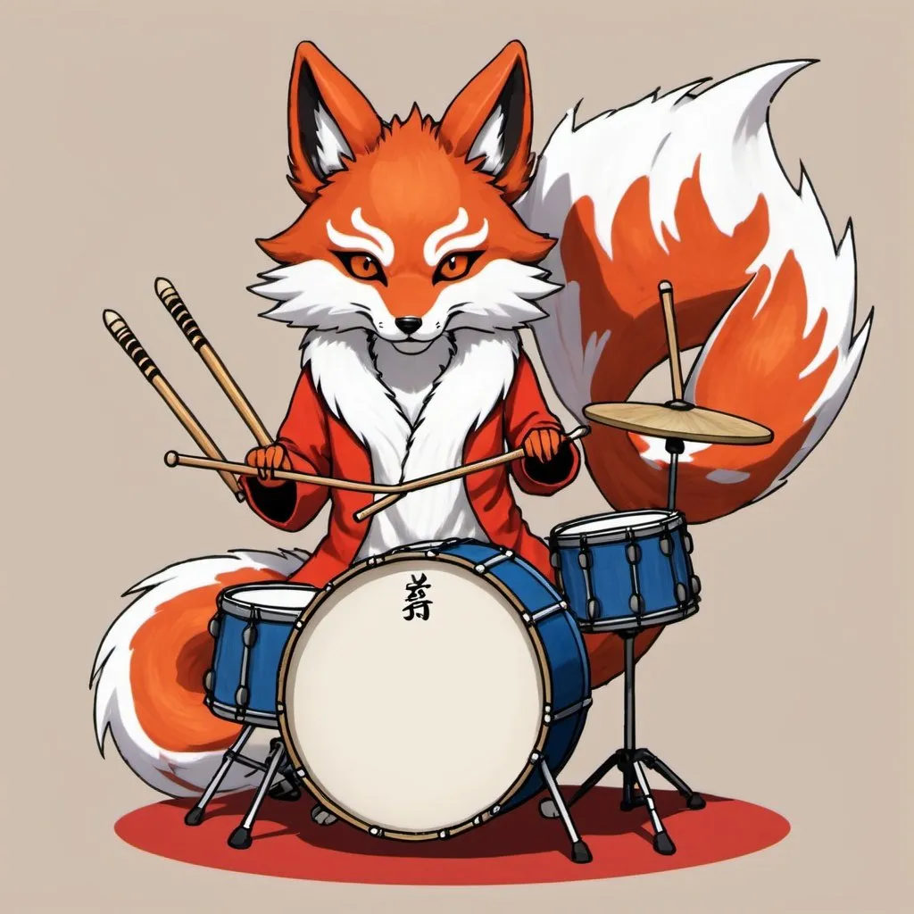 Prompt: A Nine tailed Kitsune playing a drum set with its tails