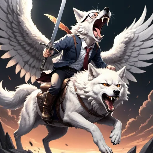 Prompt: Nerd riding a winged wolf while holding a sword and screaming from joy, anime, wolf wearing glasses