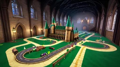 Prompt: Hogwarts as a Mario kart track