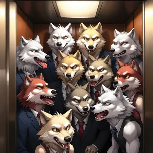 Prompt: A bunch of anthro furry wolves in a elevator male and female, somebody farted, them all trying to figure out who farted, anime, accusing each other, stink