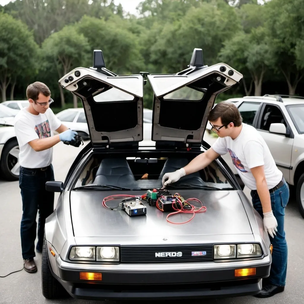 Prompt: Nerds repairing a Delorean 