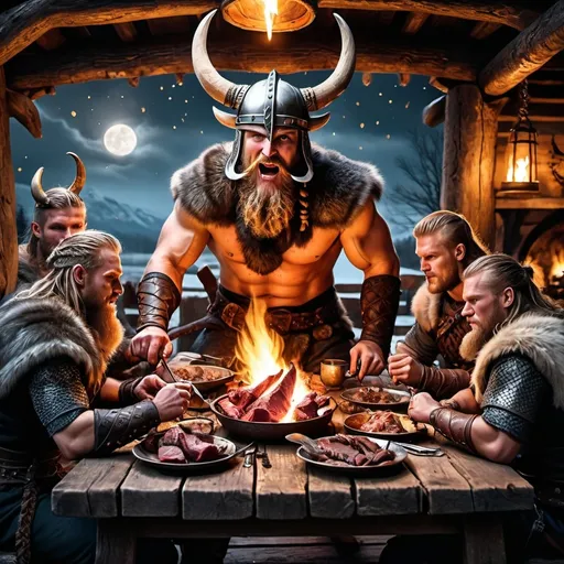 Prompt: Vikings eating dragon meat