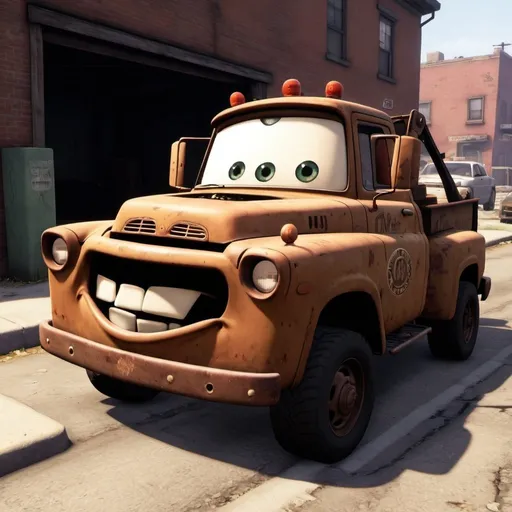 Prompt: Niko bellic stealing tow mater, opening maters door and crawling in