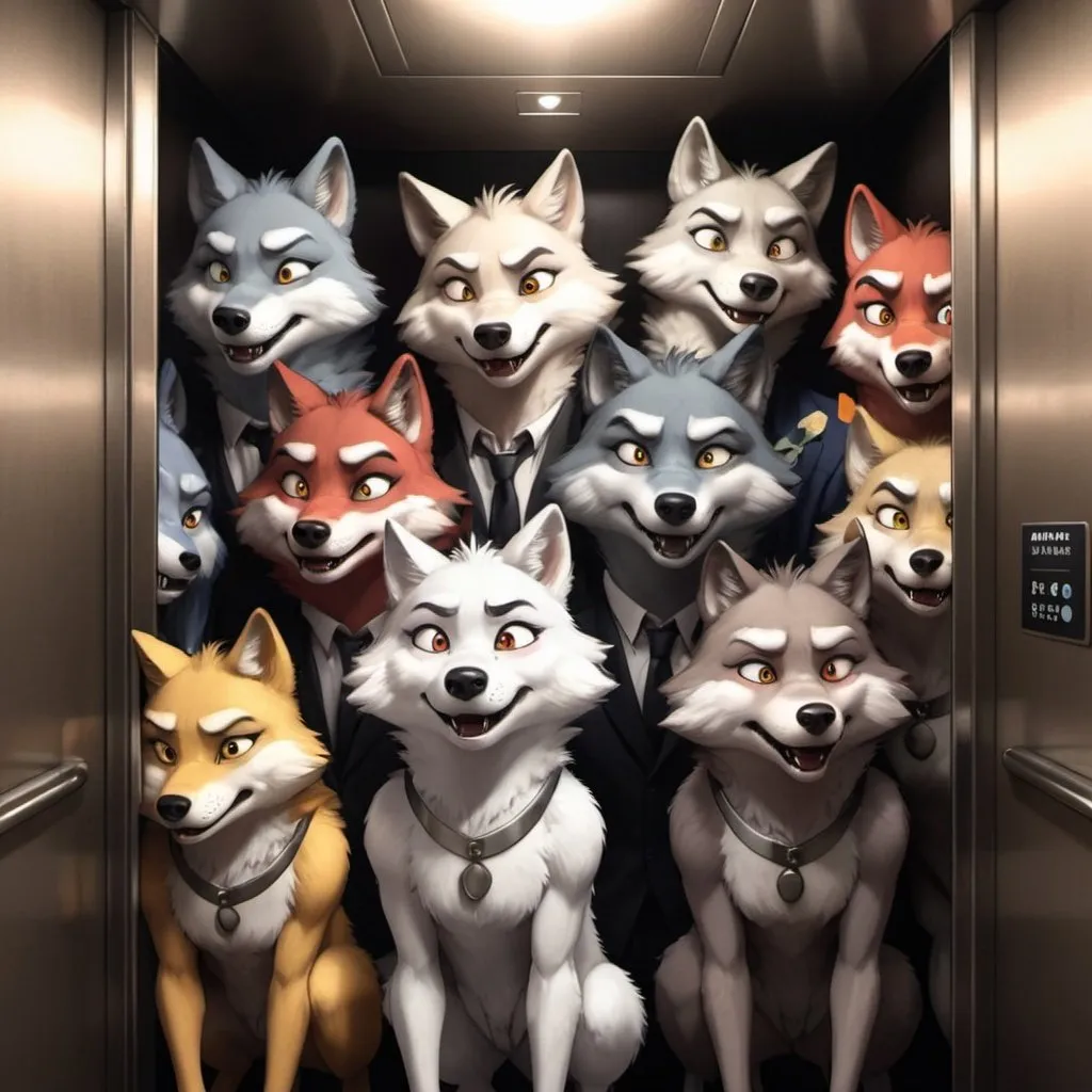 Prompt: A bunch of anthro furry wolves in a elevator male and female, somebody farted, them all trying to figure out who farted, anime