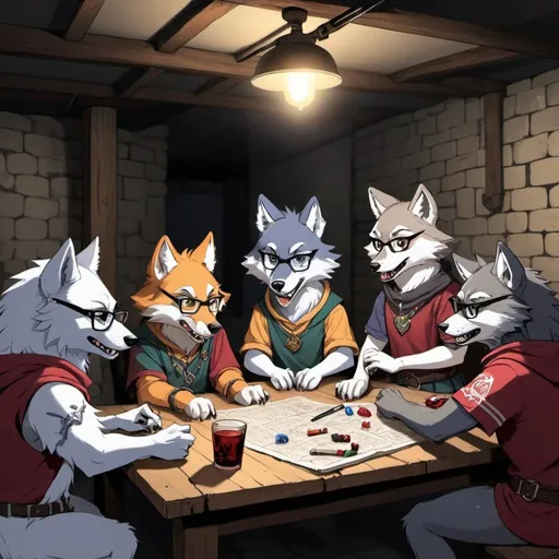 Prompt: Nerdy anthro furry wolves playing DND in a basement, anime