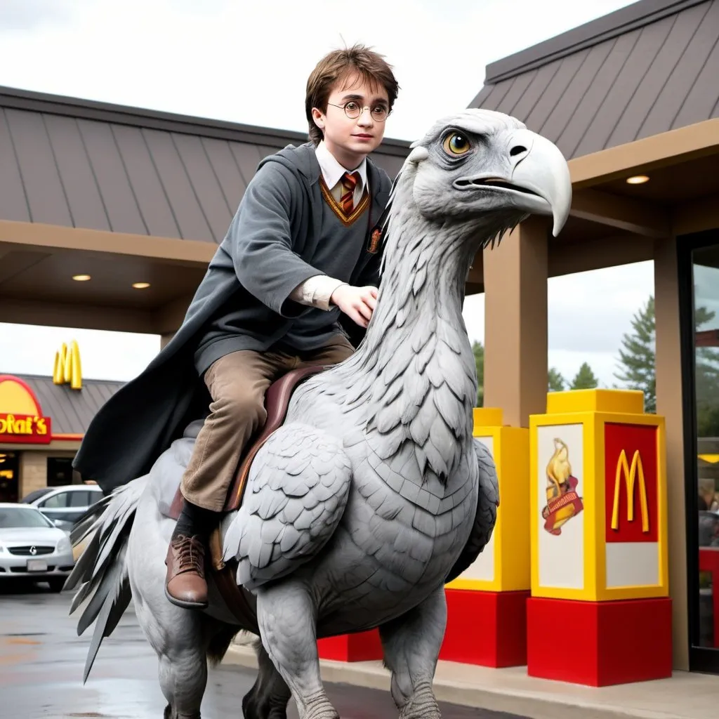 Prompt: Harry Potter riding buckbeak at McDonald's drive thru