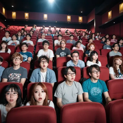 Prompt: A bunch of nerds watching anime in a movie theater 