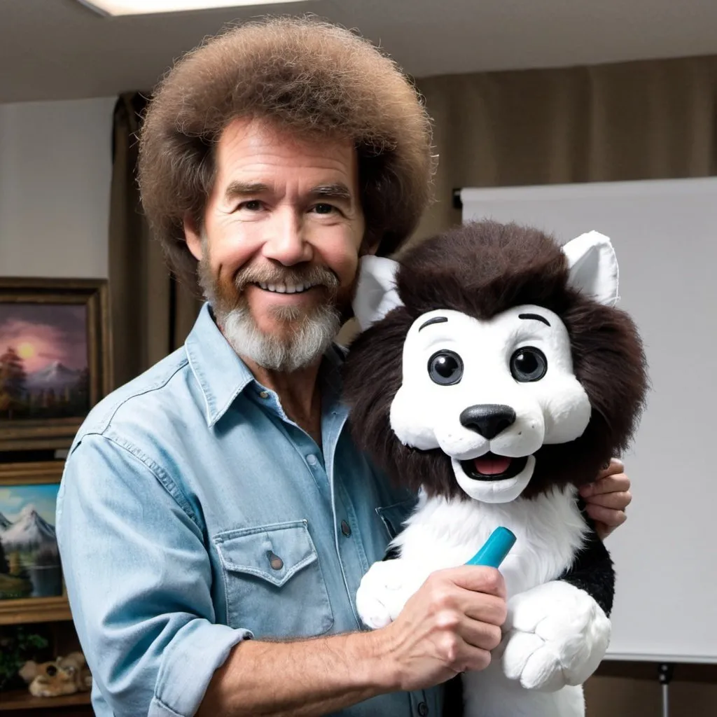 Prompt: Bob Ross holding a fursuit head