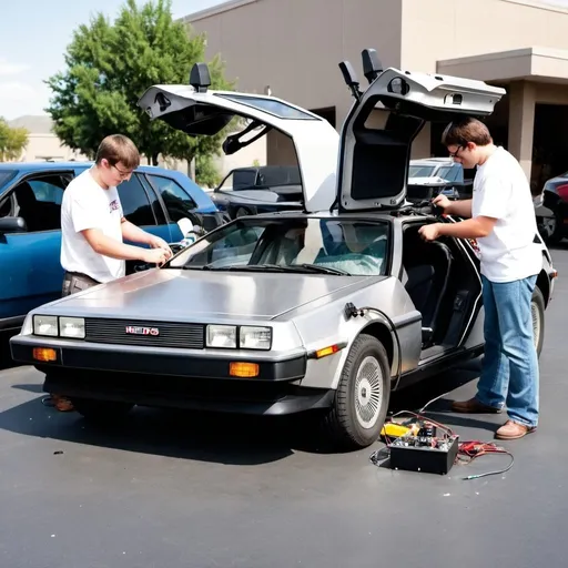 Prompt: Nerds repairing a Delorean 