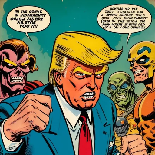 Prompt: Donald Trump as a super villain, in the style of Jack Kirby and Wally Wood, 1940s vintage comic, faded colors