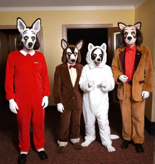 Prompt: a furry convention at the Overlook hotel (from the shining) fursuits. Dog suit from the shining 