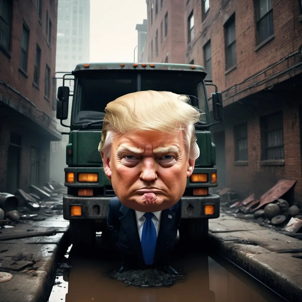 Prompt: Donald Trump sticking his head out of he lid of a septic tank truck 