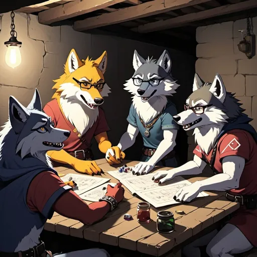 Prompt: Nerdy anthro furry wolves playing DND in a basement, anime