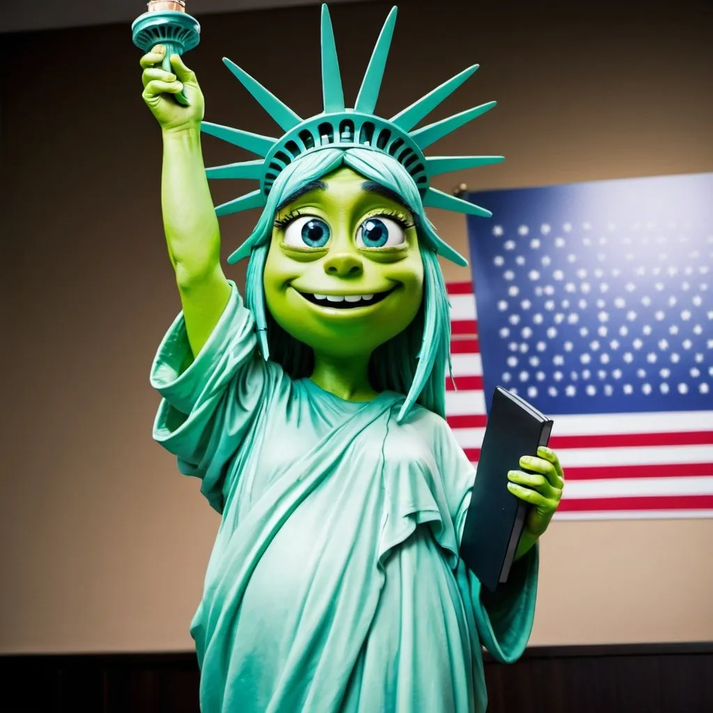 Prompt: Mike wazowski as statue of Liberty 